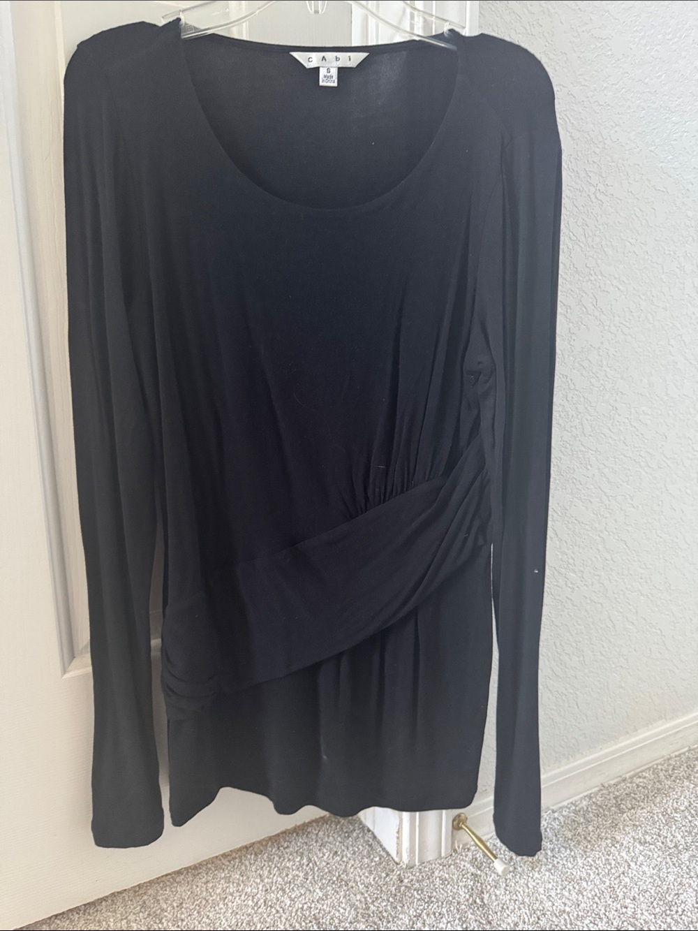CAbi Black Long Sleeve Draped Waist Top